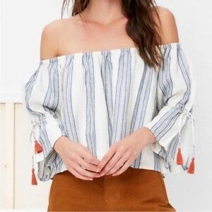 Anthropologie Tularosa Off Shoulder Linen Tassel Blouse Top Womens Small Blue